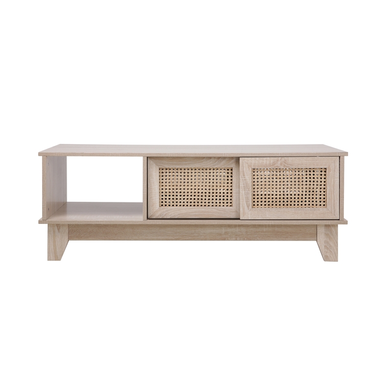 Posh Living Aralyn 2-Door Wood & Rattan Coffee Table in Beige/Natural