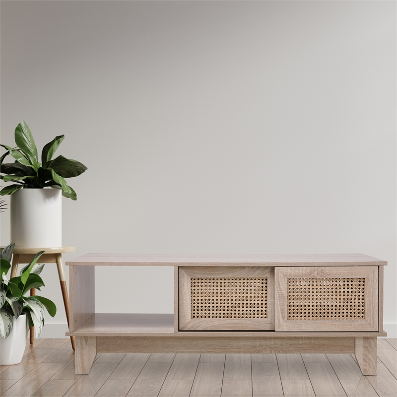 Posh Living Aralyn 2-Door Wood & Rattan Coffee Table in Beige/Natural