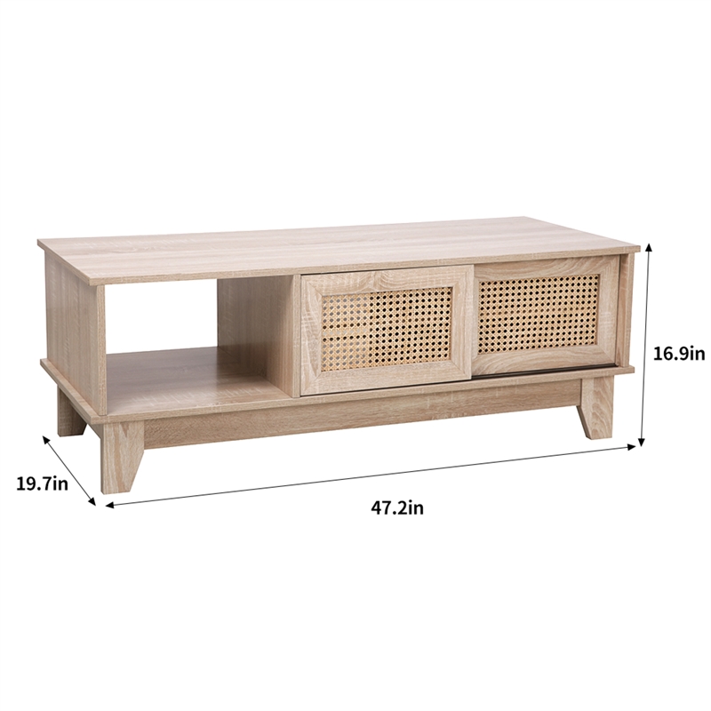 Posh Living Aralyn 2-Door Wood & Rattan Coffee Table in Beige/Natural