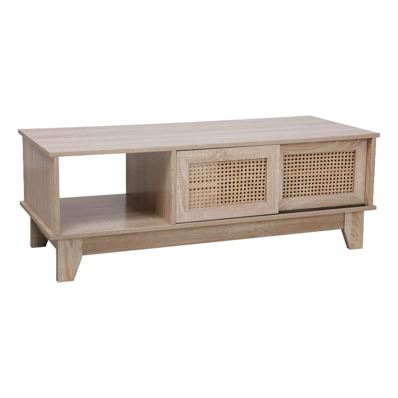 Posh Living Aralyn 2-Door Wood & Rattan Coffee Table in Beige/Natural