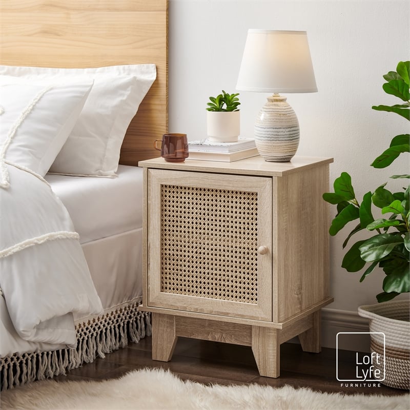 Posh Living Aralyn Rattan & Wood Side Table Nightstand in Natural/Beige