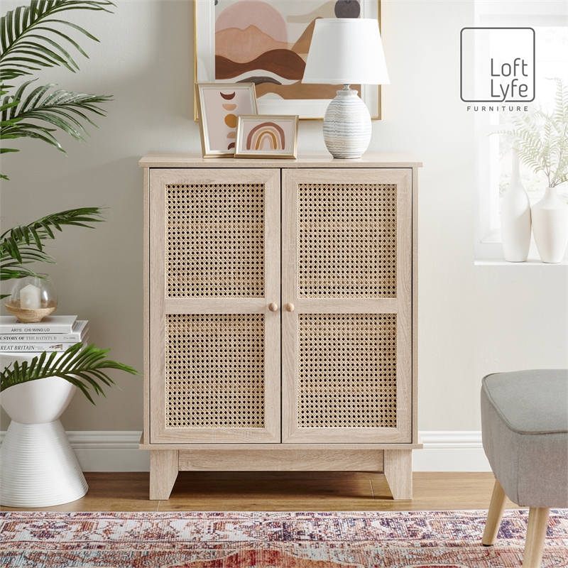 Posh Living Aralyn 2-Door Wood & Rattan Cabinet with Shelves in Beige/Natural