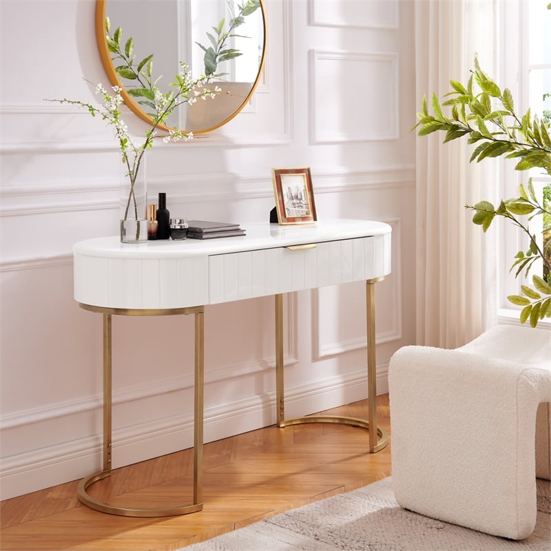 Posh Living Zaylie Modern Wood & Steel Dressing Vanity Table in White/Gold