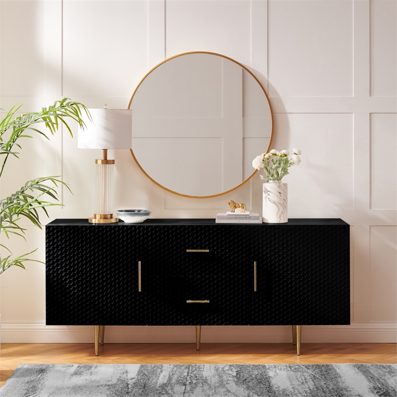 Posh Living Vail 2-Drawer Modern Wood Sideboard Buffet Cabinet in Black/Gold