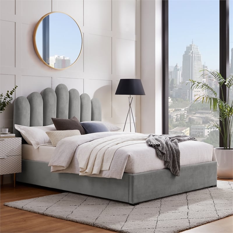 Posh Living Delani Velvet Queen Platform Bed Grey