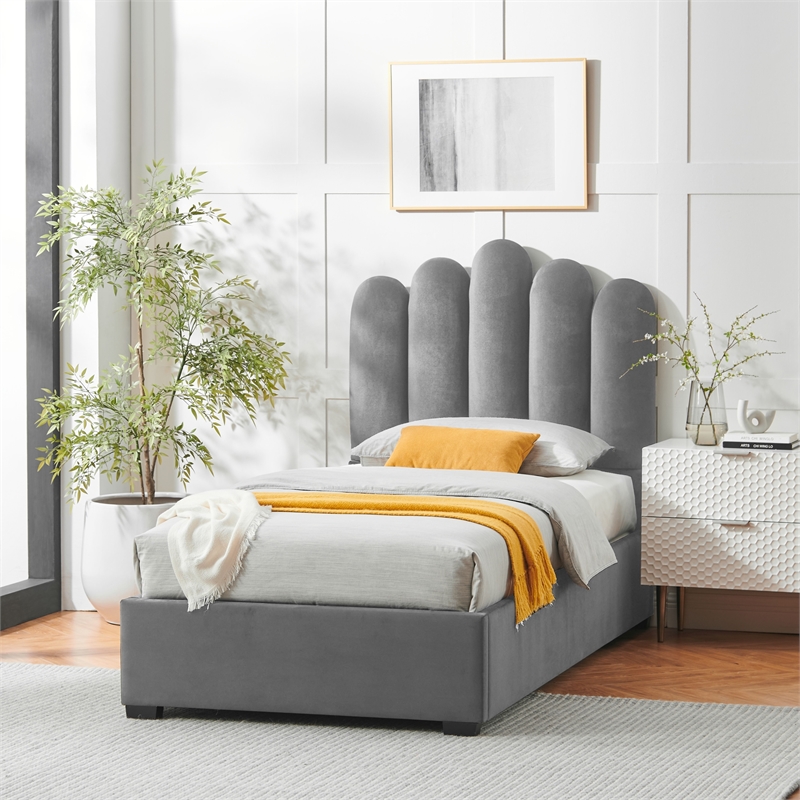 Posh Living Delani Velvet Twin XL Platform Bed Grey