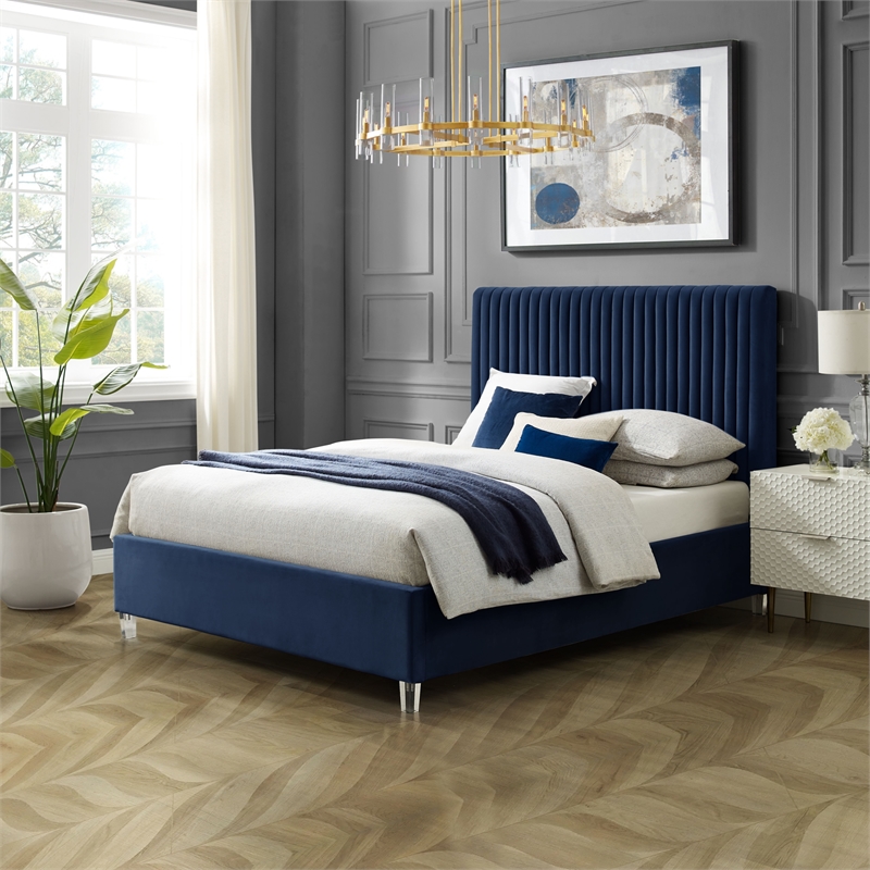 Posh Living Evette Velvet Queen Platform Bed Navy