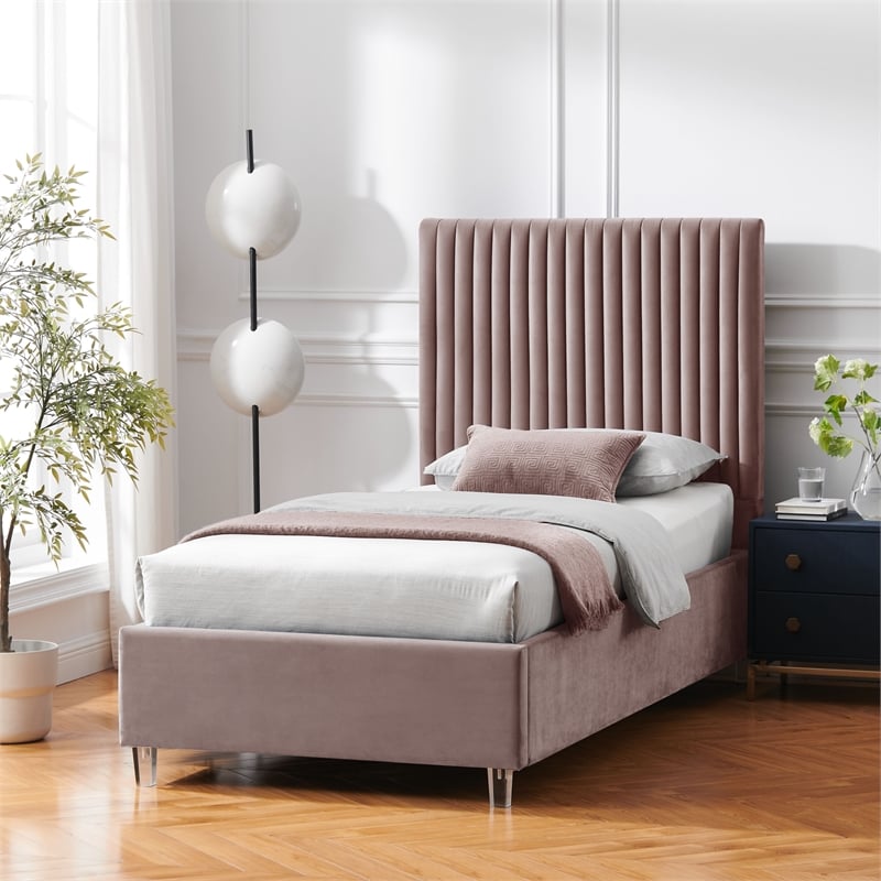 Posh Living Evette Velvet Full Platform Bed Pink