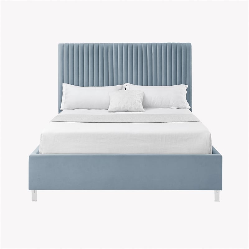 Posh Living Evette Velvet King Platform Bed Slate Blue