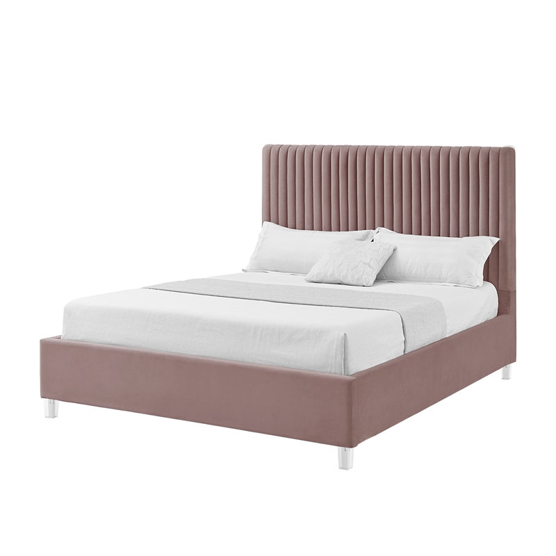 Posh Living Evette Velvet Queen Platform Bed Pink