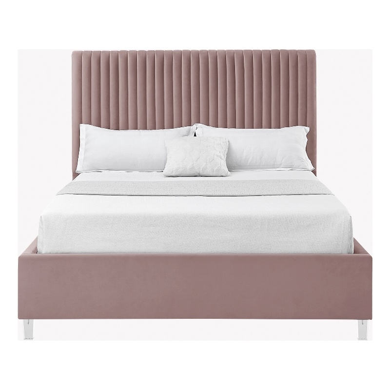 Posh Living Evette Velvet Queen Platform Bed Pink