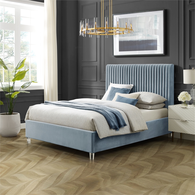 Posh Living Evette Velvet Queen Platform Bed Slate Blue