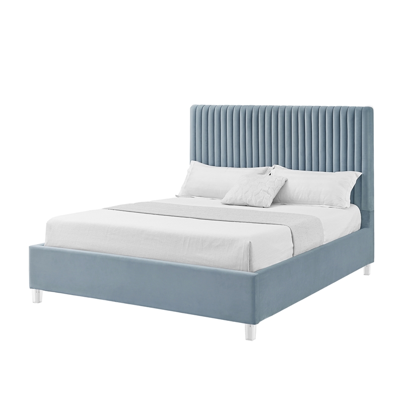 Posh Living Evette Velvet Queen Platform Bed Slate Blue