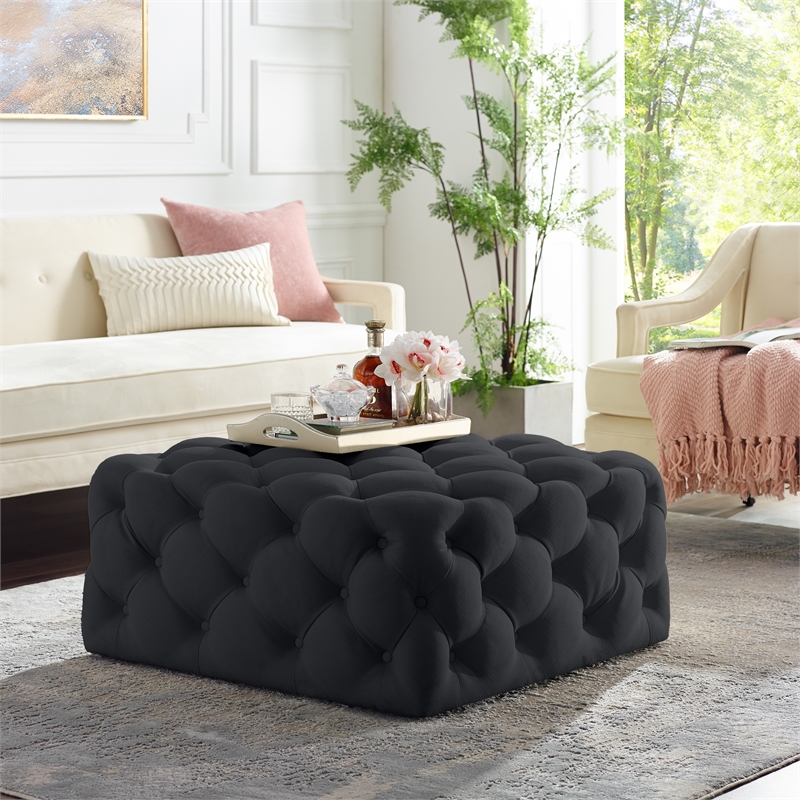Posh Living Ramon Linen Cocktail Ottoman Black