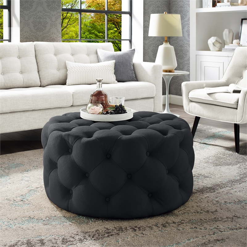 Posh Living Lilou Linen Cocktail Ottoman Black