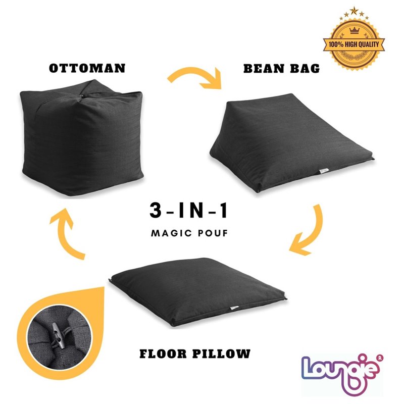 Magic Pouf Black Beanbag Microplush 3 in 1 Ottoman Chair Pillow