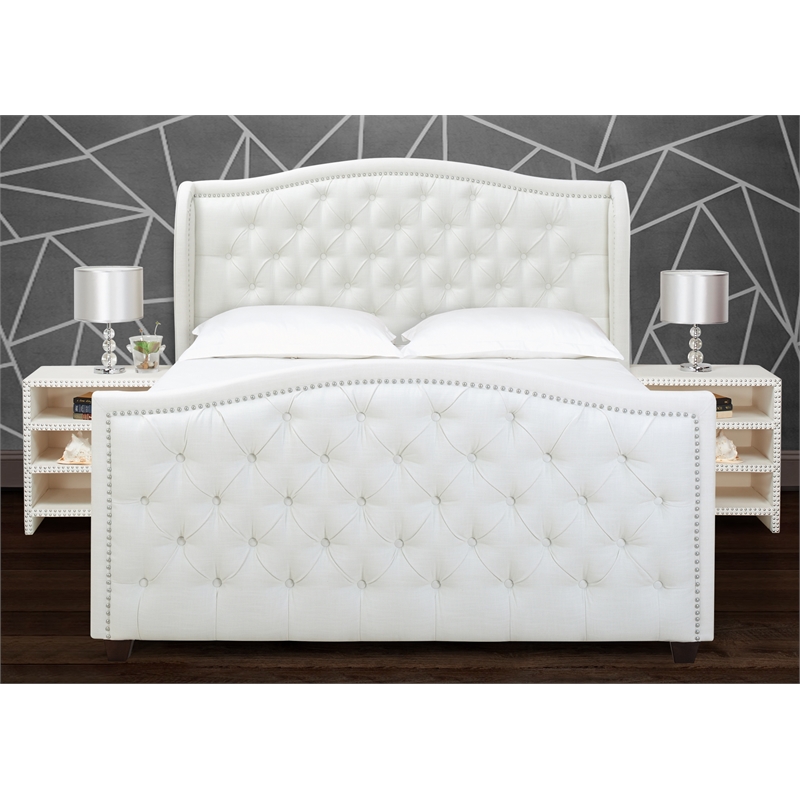 Marcella Tufted Wingback Queen Bed Antique White eBay