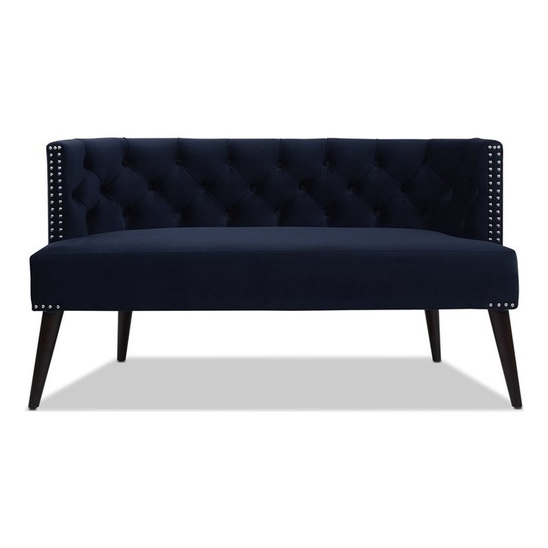 Celine Tufted Settee Nailhead Accents Dark Navy Blue Velvet