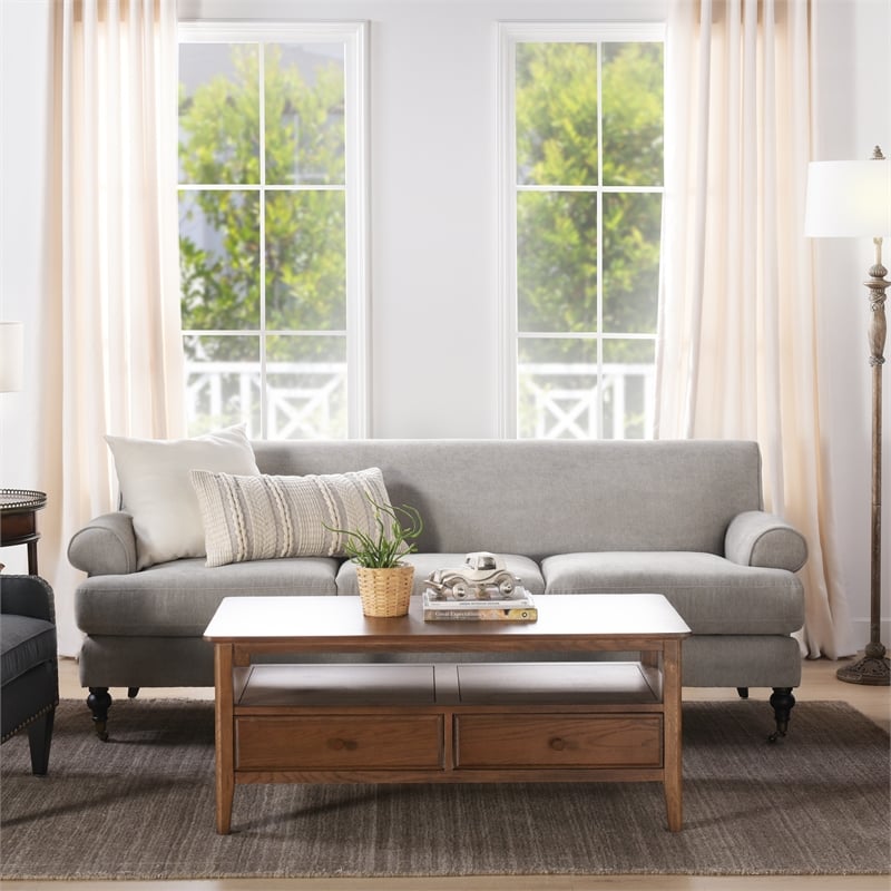 Alana Lawson Recessed Arm Sofa Metal Casters Silver Gray