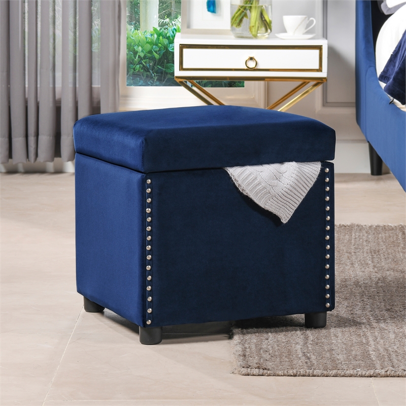 Hailey Storage Cube Ottoman Nailhead Accents Navy Blue