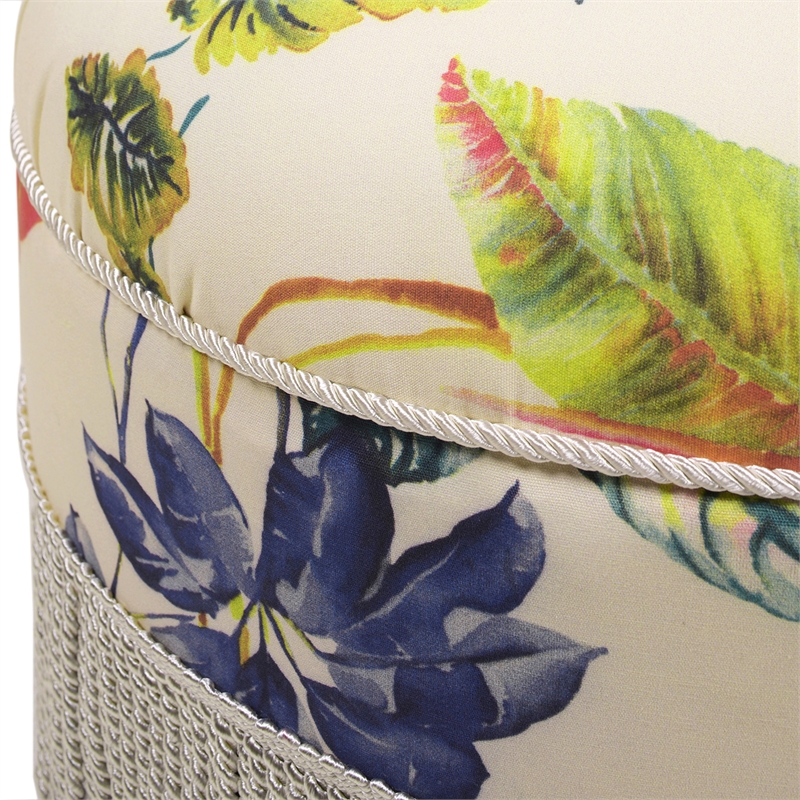 Yolanda Tufted Decorative Round Ottoman Off White Floral Fabric