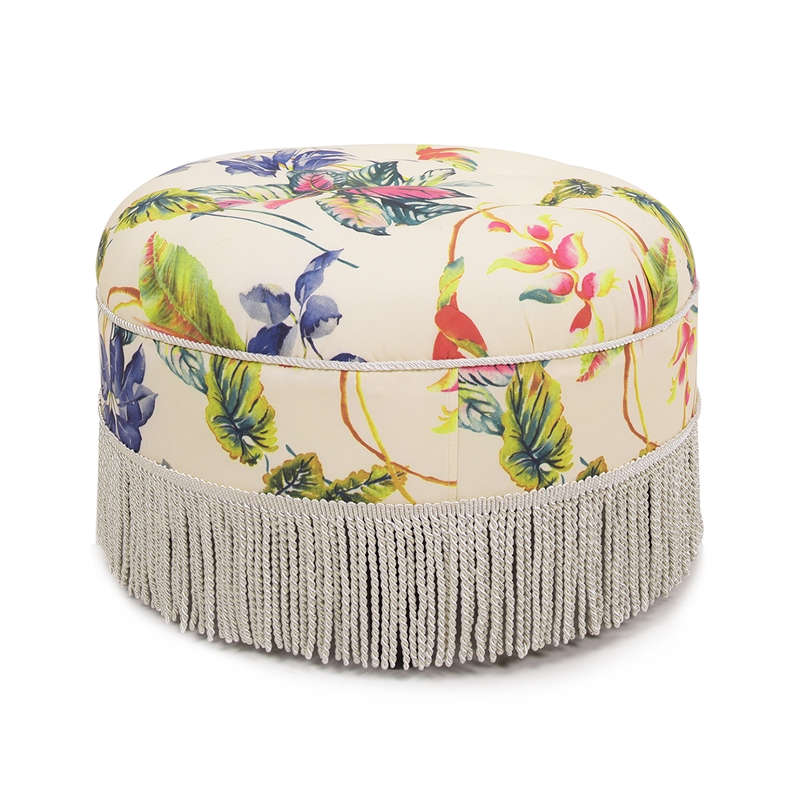 Yolanda Tufted Decorative Round Ottoman Off White Floral Fabric