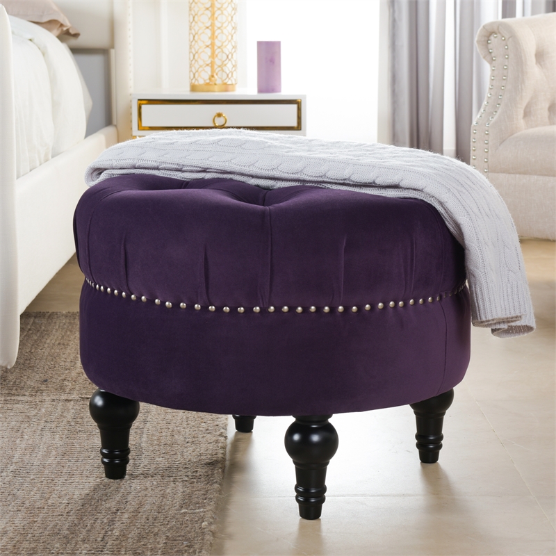 Dawn Tufted Round Ottoman Nailhead Accents Purple Velvet