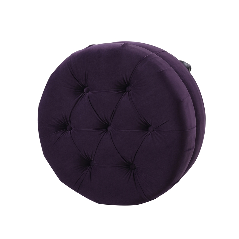 Dawn Tufted Round Ottoman Nailhead Accents Purple Velvet