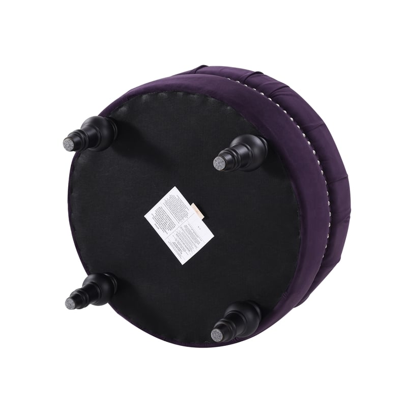 Dawn Tufted Round Ottoman Nailhead Accents Purple Velvet