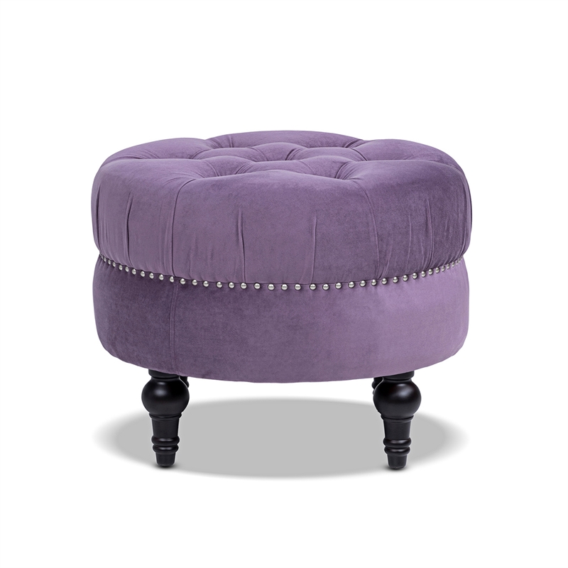 Dawn Tufted Round Ottoman Nailhead Accents Purple Velvet
