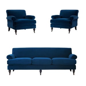 3 Piece Sofa Set with Sofa and Set of Two Chair in Navy Blue