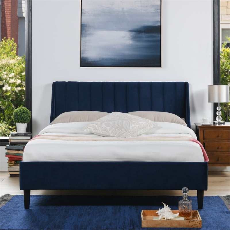 Aspen Vertical Tufted Headboard, Navy Blue Queen Size Bed Set