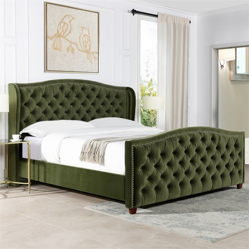Marcella Upholstered Shelter Headboard Bed King Olive Green