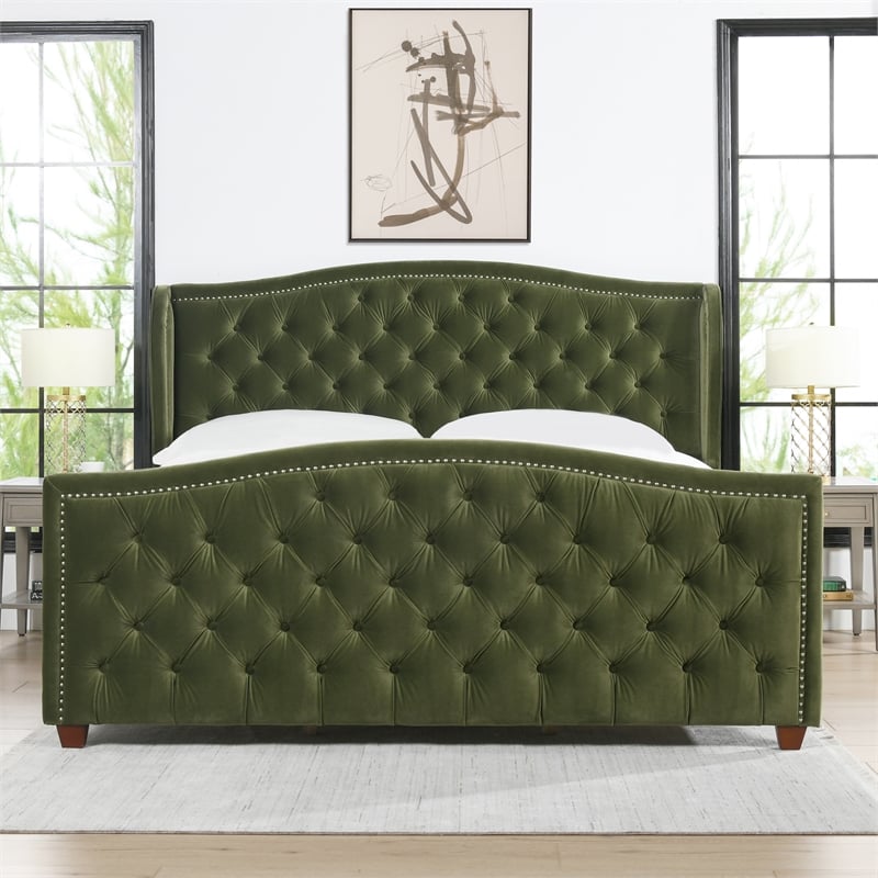 Marcella Upholstered Shelter Headboard Bed King Olive Green