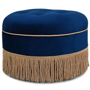 Yolanda Upholstered Round Accent Ottoman Navy Blue Velvet with Gold Trim