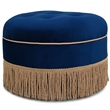 Yolanda Upholstered Round Accent Ottoman Navy Blue Velvet with Gold Trim