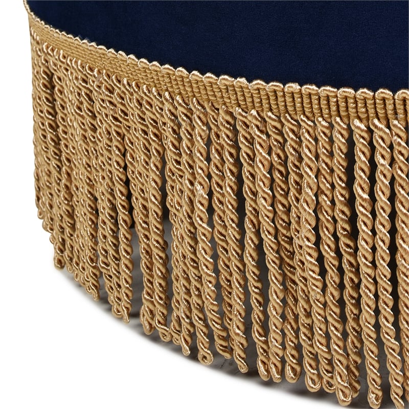 Yolanda Upholstered Round Accent Ottoman Navy Blue Velvet with Gold Trim