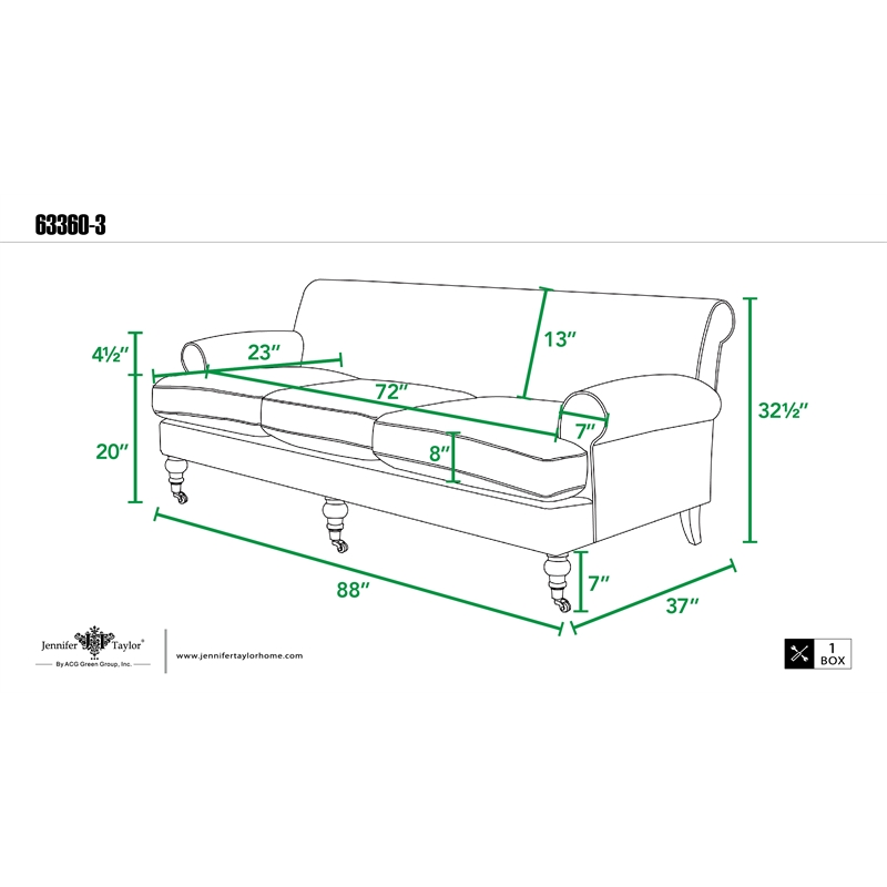 Jennifer Taylor Home Alana Lawson Recessed Arm Sofa Metal Casters Light Beige