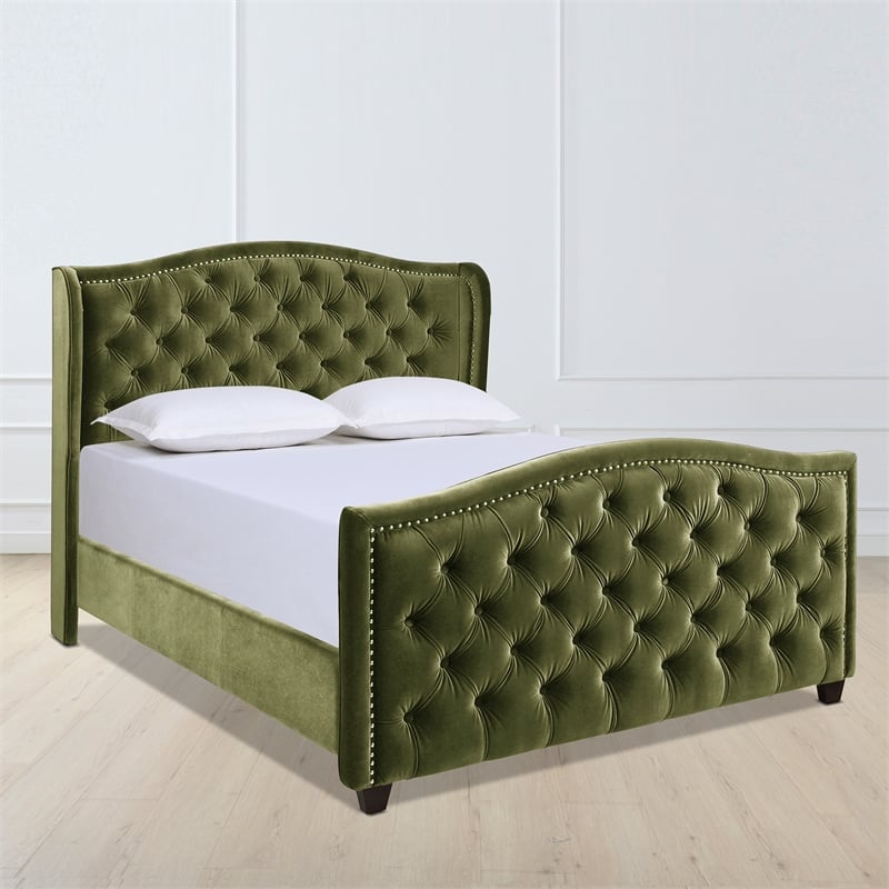 Jennifer Taylor Home Marcella Tufted Wingback Queen Bed Olive Green