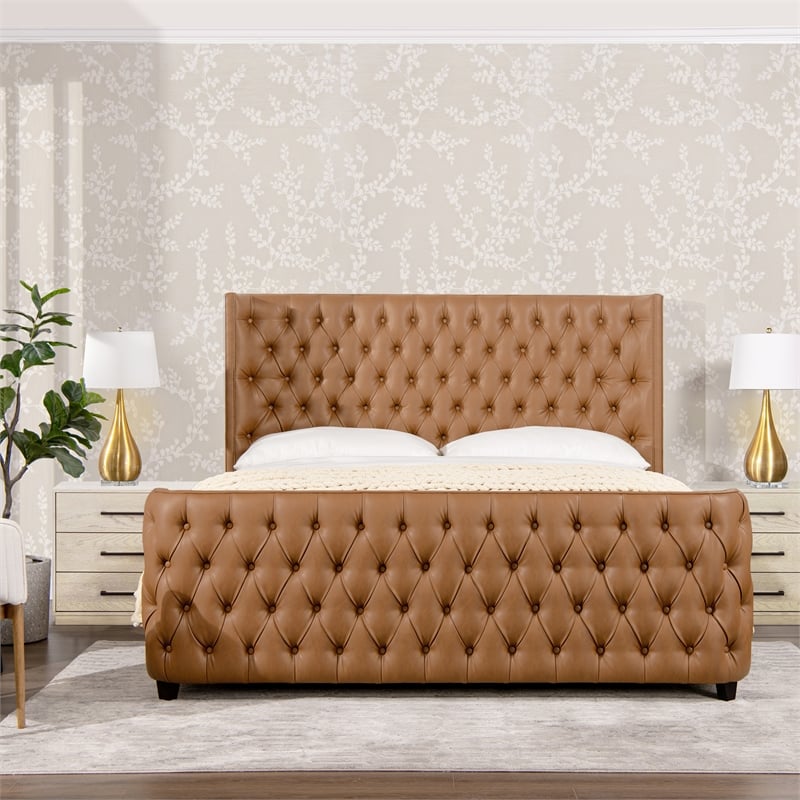 Jennifer Taylor Home Brooklyn Tufted Bed King Caramel Tan Brown Faux Leather