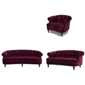 3 Piece La Rosa Chesterfield Tufted Velvet Sofa Set in Burgundy Red