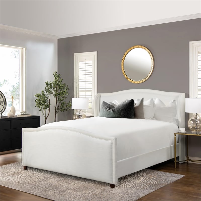 Carmen King Upholstered Wingback Panel Bed Frame Antique White Polyester