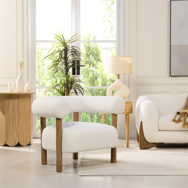 Fuji Mid Century Modern Barrel Accent Arm Chair Ivory White Boucle