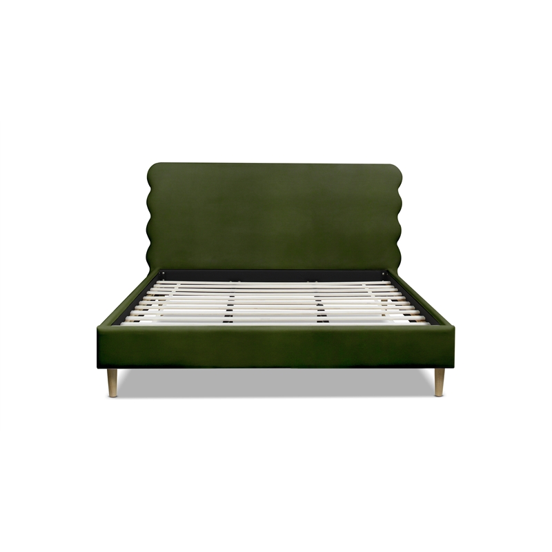 Stockholm Modern Wavy Headboard Platform Bed King Olive Green Performance Velvet