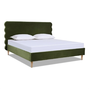 Stockholm Modern Wavy Headboard Platform Bed King Olive Green Performance Velvet