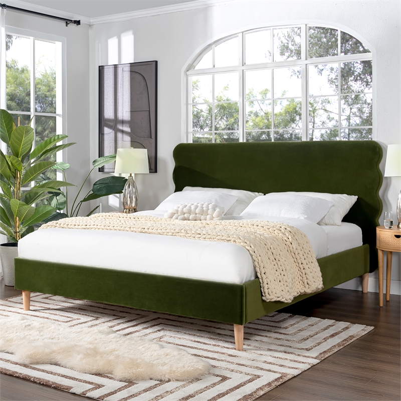 Stockholm Modern Wavy Headboard Platform Bed King Olive Green Performance Velvet