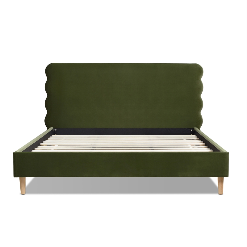 Stockholm Modern Wavy Headboard Platform Bed King Olive Green Performance Velvet