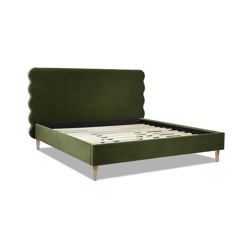 Stockholm Modern Wavy Headboard Platform Bed King Olive Green Performance Velvet