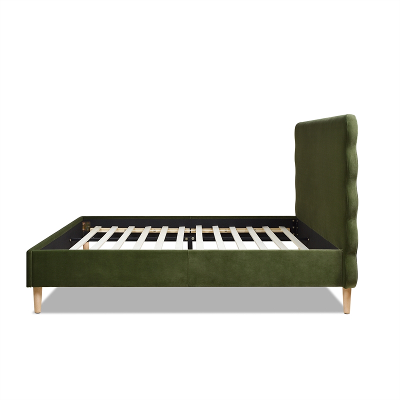 Stockholm Modern Wavy Headboard Platform Bed King Olive Green Performance Velvet