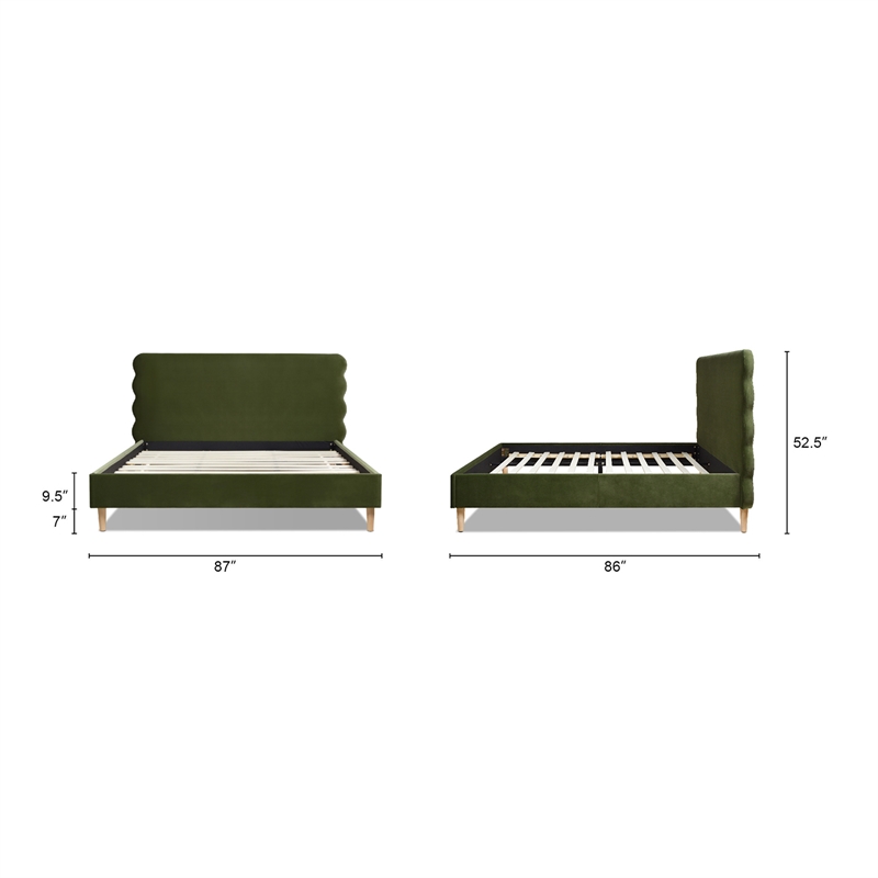 Stockholm Modern Wavy Headboard Platform Bed King Olive Green Performance Velvet